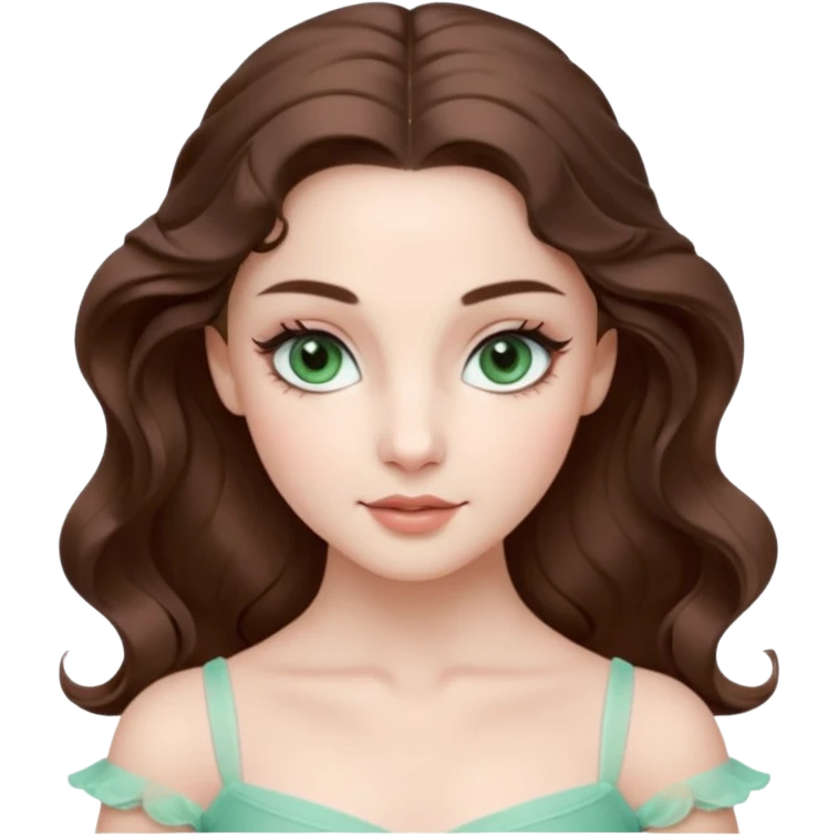 Cinema Realistic Ballerina Portrait, with porcelain-like skin featuring a natural rosy flush, illuminated by soft lighting that highlights the gentle contours of her face. Her Brunette hair flows in soft.Her deep green light eyes radiate framed by arched brows and long lashes. emoji