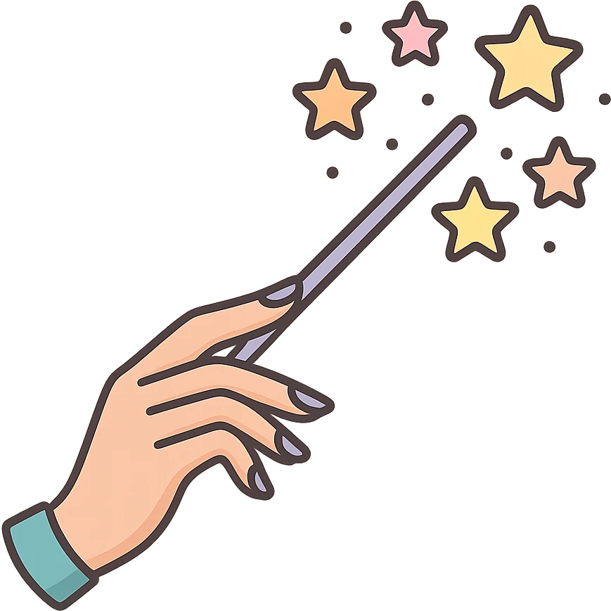 Elegant female hand with almond-shaped nails holding a magic wand in profile, stars flying out of the wand, Chinese Eastern style, thin clean contours, soft rounded shapes, pastel palette #98B5BC, #B5B3C1, #C9A3C9, #E4C0CA, #F7DCD1, #F7C0AA, detailed shadows and highlights, soft lighting, transparent background, no decorative elements. emoji