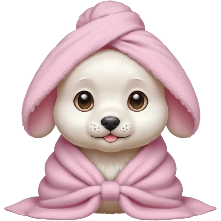 White cute puppy with a light pink towel in her head emoji