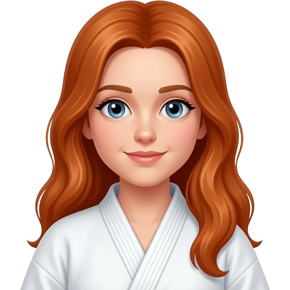 a girl with long red hair, 13 years old with a judopak with blue eyes emoji