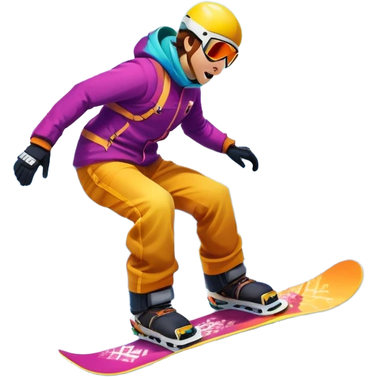 An icon showing a snowboarder performing an exciting jump on a snow-covered slope. The background features towering mountains, snow-covered trees, and a bright, clear sky. Transparent background highlights the speed, agility, and thrill of snowboarding. emoji