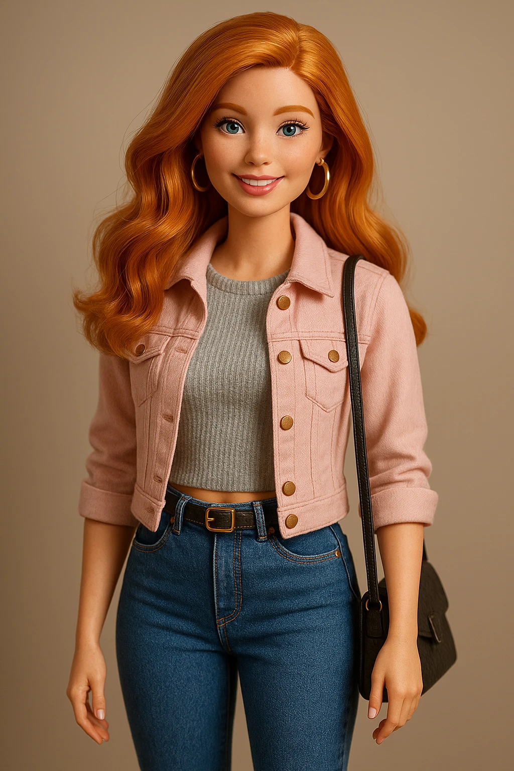 full body ginger-haired Barbie doll, stylish and cheerful, modern fashion, soft lighting emoji