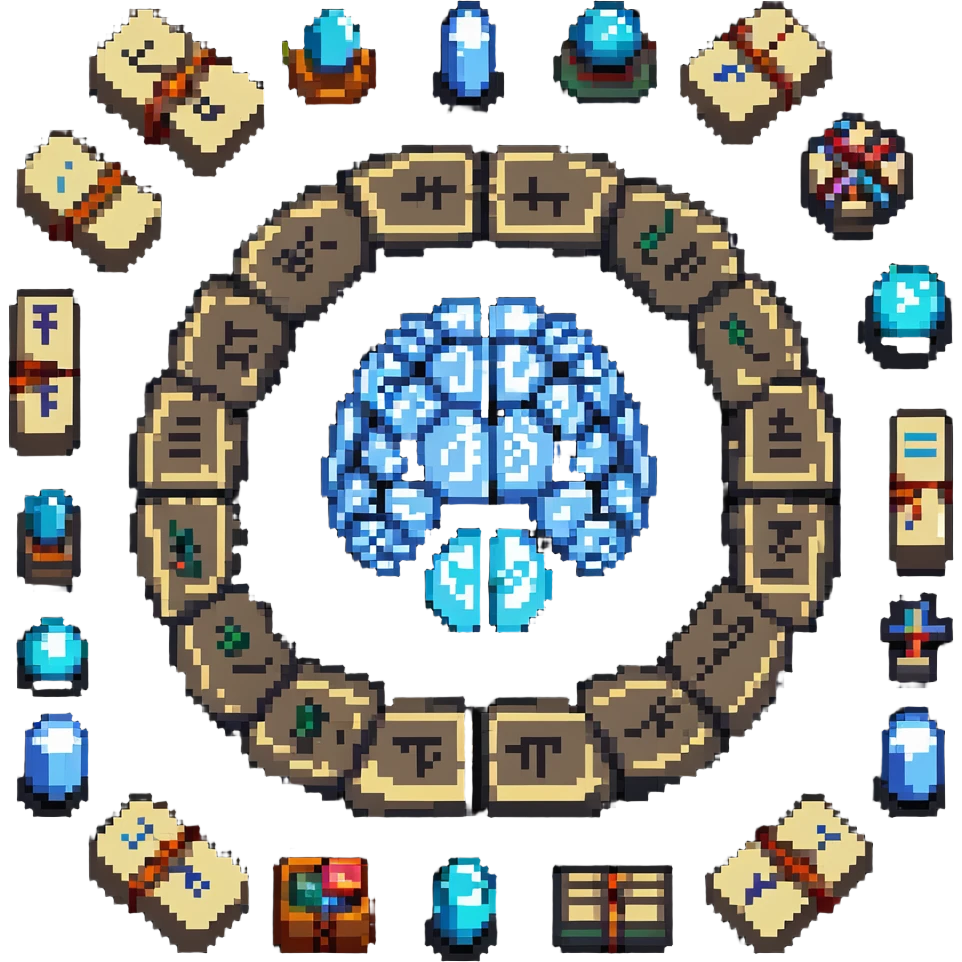 pixel art glowing brain made of crystal hovering above stone tablets with ancient writing surrounded by orbiting runes and global language symbols emoji