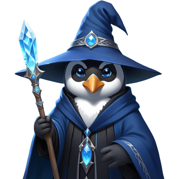 A mysterious penguin mage with sleek midnight-blue feathers, wearing a flowing black robe adorned with silver runes. A tall, pointed wizard hat sits slightly tilted on his head, the brim casting a shadow over his glowing icy-blue eyes. His flipper clutches an ancient wooden staff topped with a swirling crystal, radiating a soft, cold light. Snowflakes drift around him as he stands on a frozen cliff, his aura crackling with arcane energy, ready to summon a blizzard with a flick of his staff. emoji