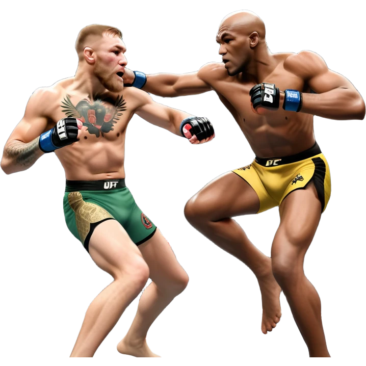 An MMA showdown between Conor McGregor and Anderson Silva in the octagon. McGregor is executing a powerful jumping strike, while Silva is expertly blocking the attack with his forearm. The background features the UFC octagon, fans in the distance, and dynamic action. Transparent background emoji