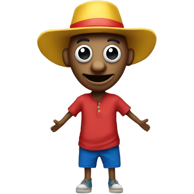 A wooden puppet with a long nose, wearing a red shirt, blue shorts, and a yellow hat, with a cheerful expression. emoji
