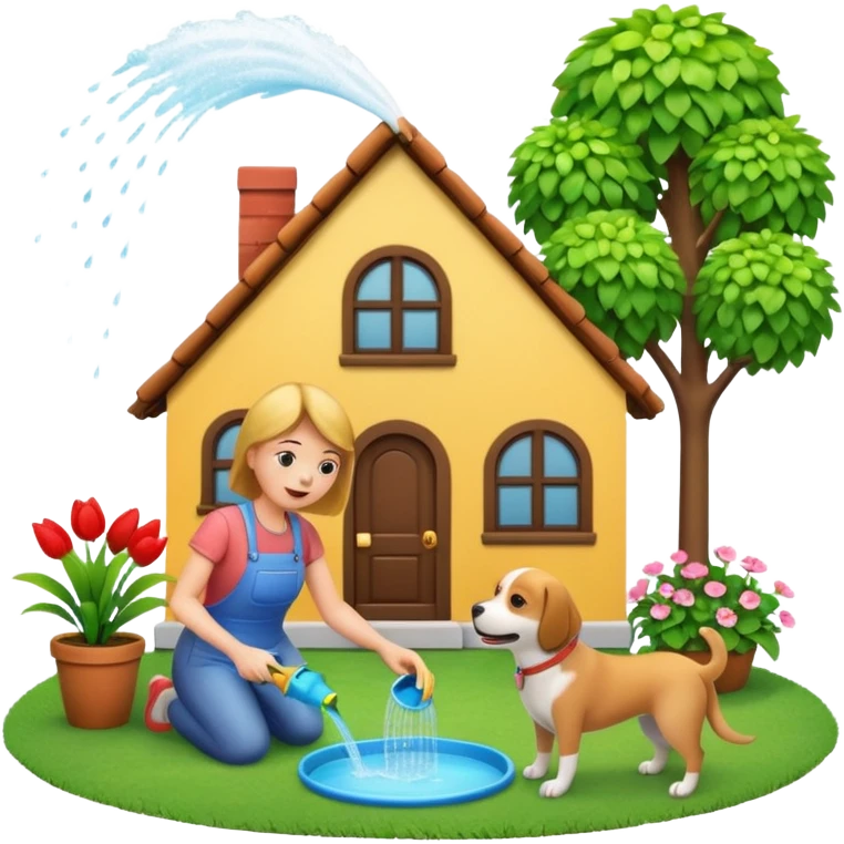 Make a 3D emoji Illustration of A house and there is a woman watering her plants while a dog is playing around on the grass emoji