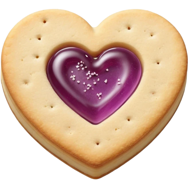 Realistic shortbread cookie in the shape of a heart with mauve jelly middle filling and sprinkled powder sugar on top. emoji