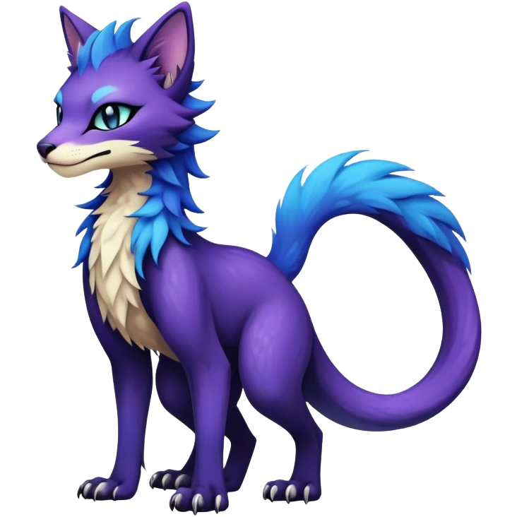 Kawaii dark black and blue and purple edgy fantasy ethereal feline-vernid-sergal-fursona animal creature with a tufted tail full body emoji