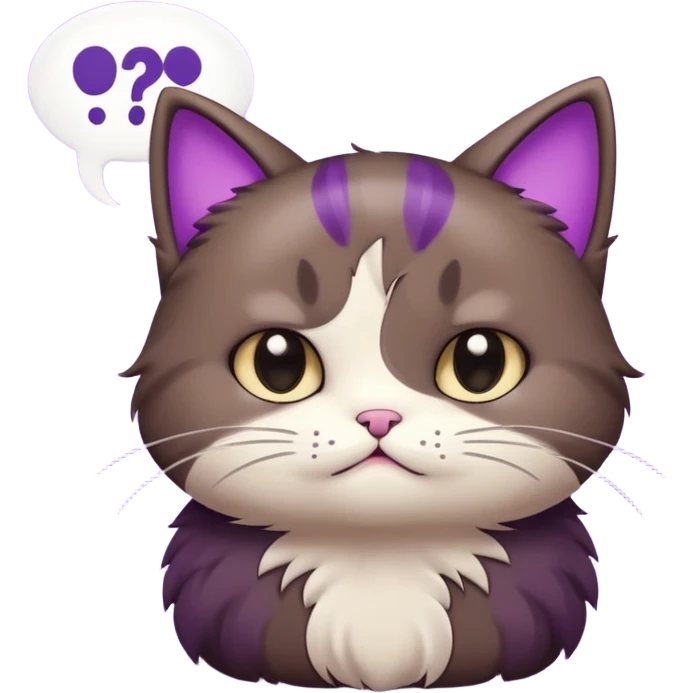 a dark-brown fluffy cute kawaii anime cat thinking frowning thoughtfully, saying “hmm” with a purple speech bubble emoji