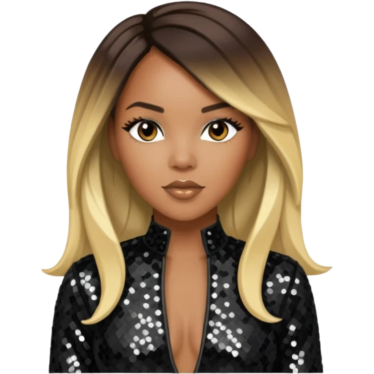 LeToya Luckett with long dark brown hair blonde hair, black sequin outfit emoji