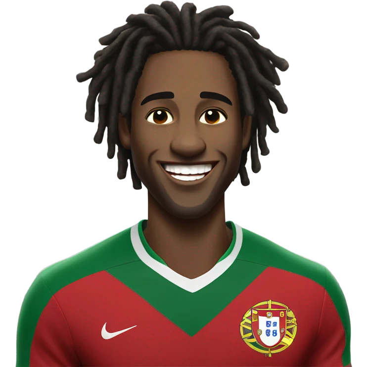  Young black man- very short black dread locks-  no facial hair laughing Portugal jersey lean crazy smile  emoji