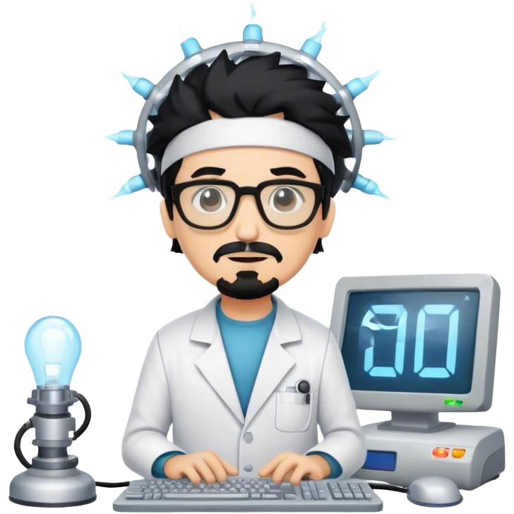 Mad scientist with black hair and goatee and glasses named Omni with headgear on and a computer emoji