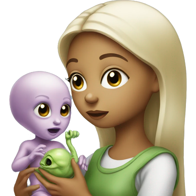 A girl is feeding a baby alien  emoji