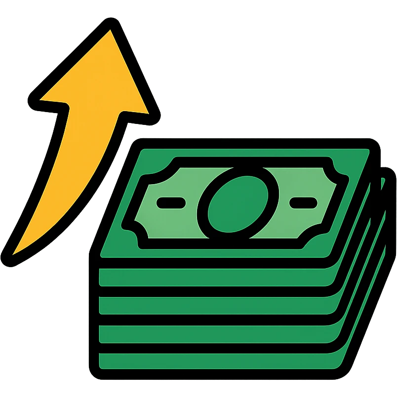 golden arrow with a stack of exciting green money, vibrant, clear, icon style emoji