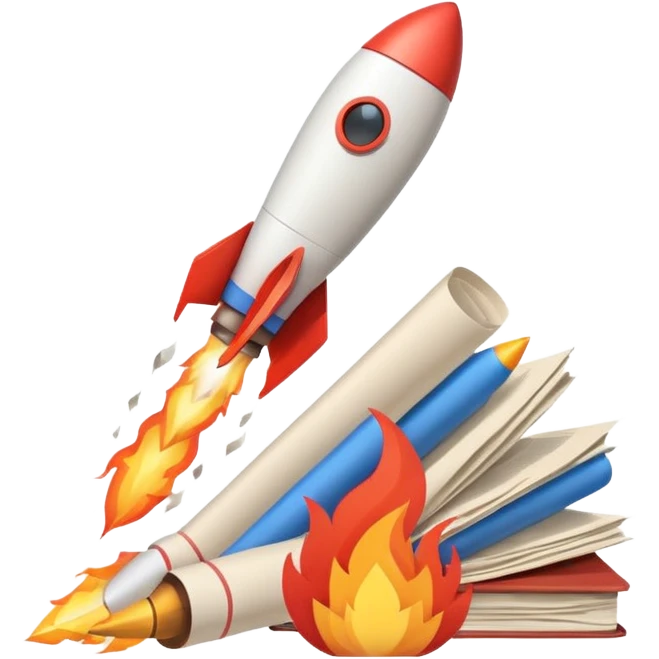 Rocket launching from stack of papers, fire trail, minimal flat design, youtube and instagram emoji