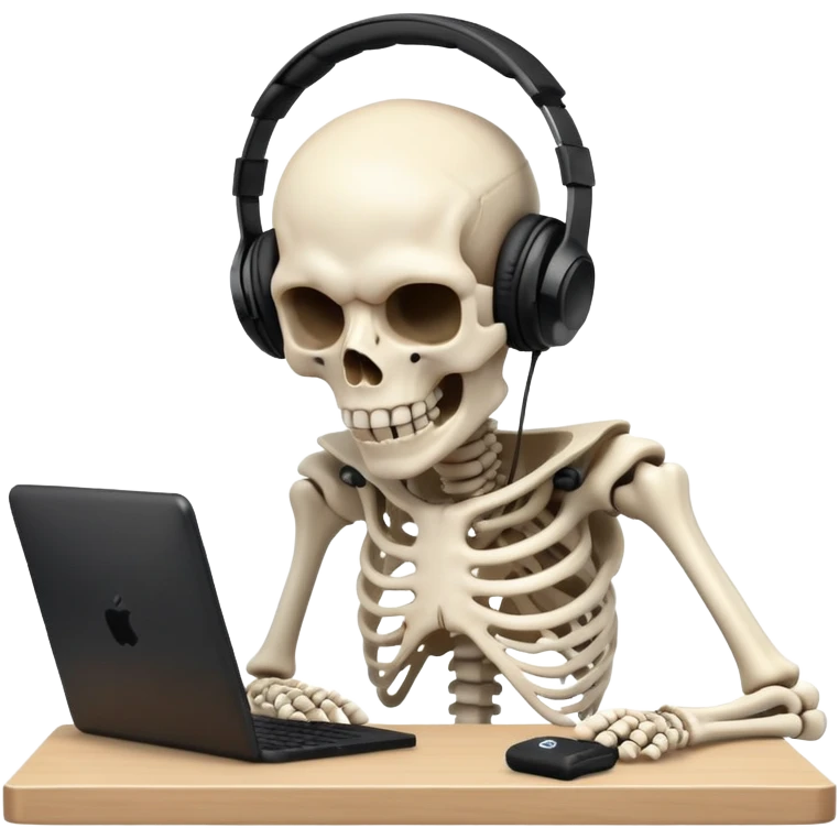 Skeleton with black headphones on raging a video game with his head on his desk emoji