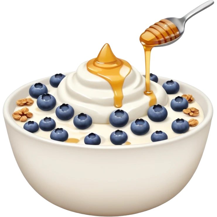 Yogurt in a bowl with granola and blueberries topped with honey drizzle emoji
