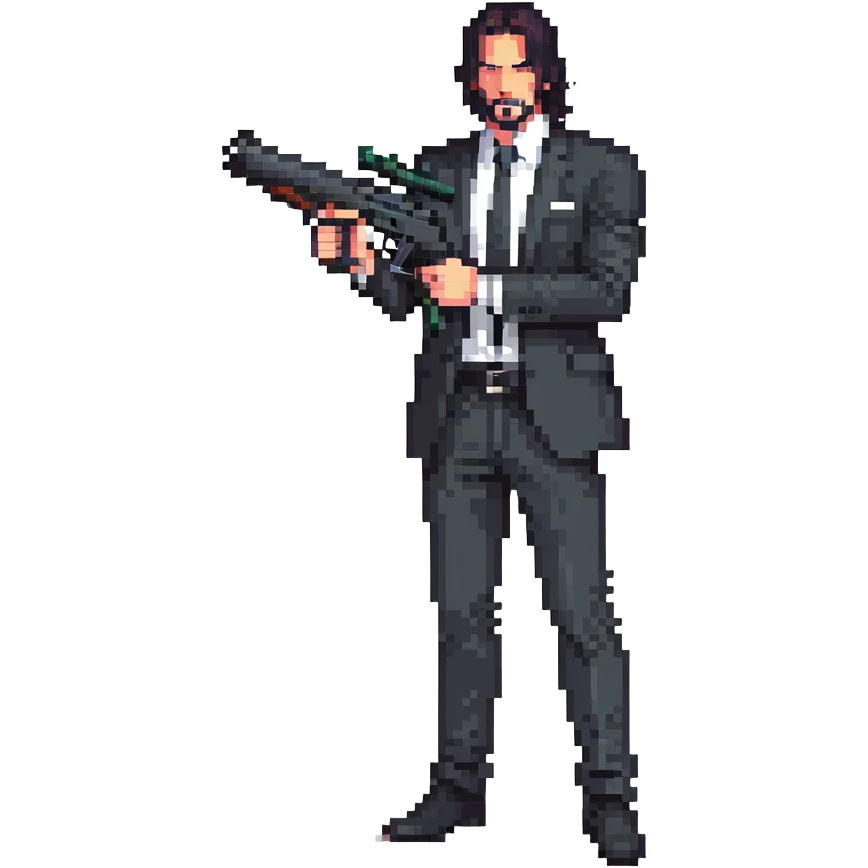 John Wick character with black suit, long dark hair, holding a gun emoji