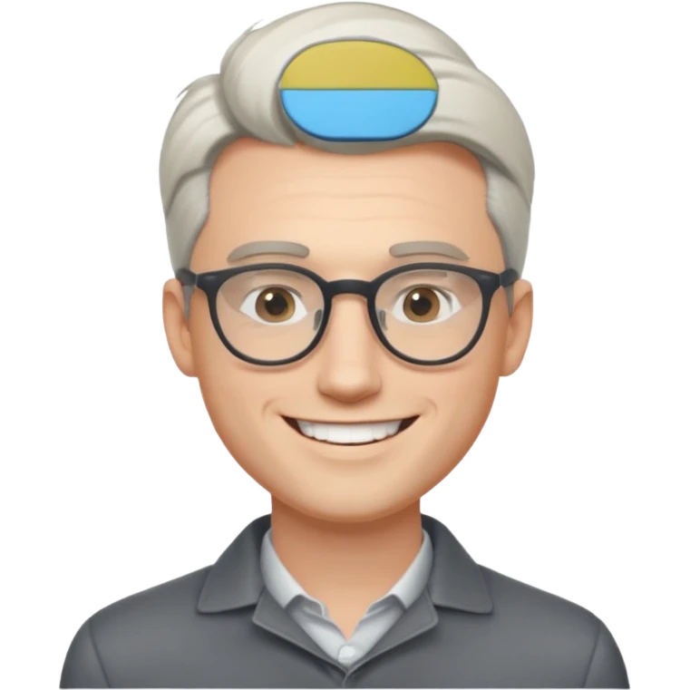 30 yr old pale white man, white/grey side swept stylish hair, round glasses, big smile, white teeth, handsome, longer hair, thin glasses,  smooth forehead, open collar, trendy emoji