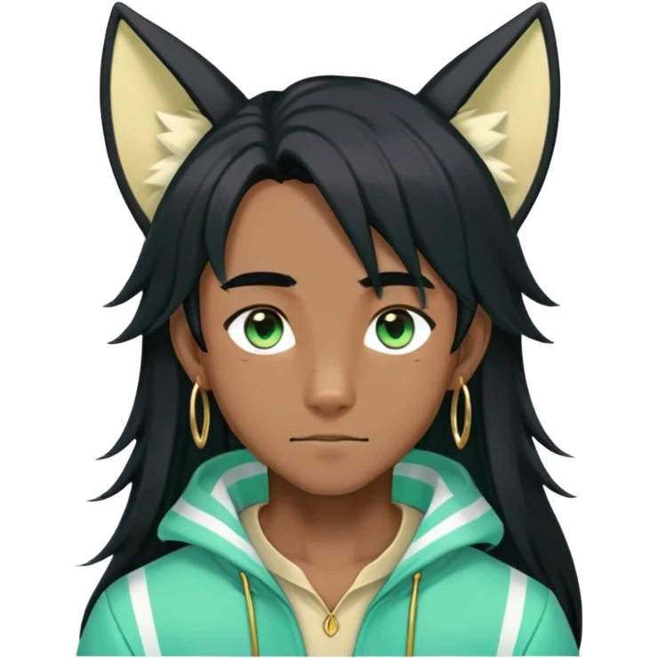 Black anime man with straight long black hair with light-green stripes in it, long black fox ears, hazel-gradient-brown-turquoise eyes, gold earring, emoji