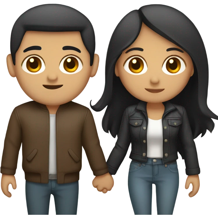 a couple holding hands. the guy has black middle part hair and is Persian and Filipino mix, wearing a jacket. the girl has brown medium length hair white and asian mix, wearing a crop top. emoji