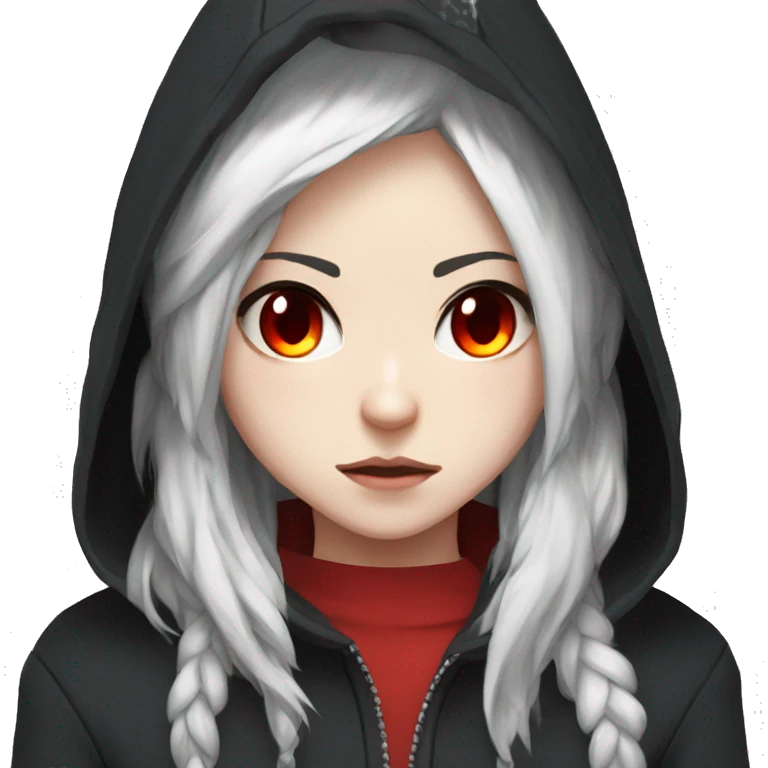 angry white-haired gamer girl with red eyes in a black hoodie, anime style emoji