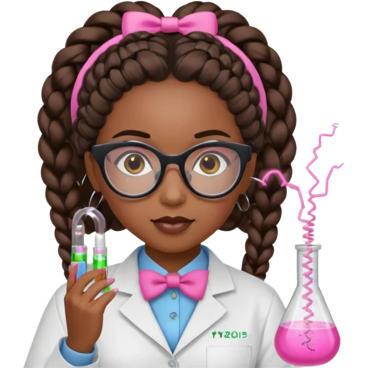 black girl scientist with goddess braids, pink bow, black glasses, performing a science experiment with an electric circuit emoji
