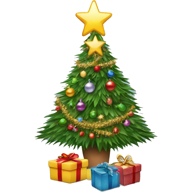 A decorated Christmas tree with ornaments, tinsel, and a star on top emoji