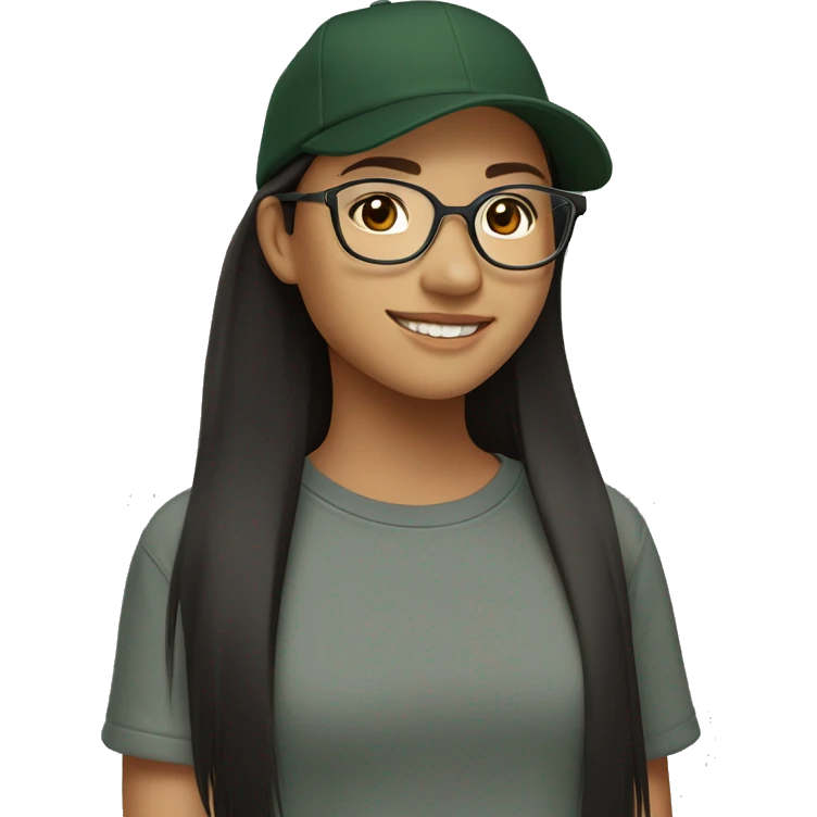 Look from side, asian girl, light skin, smiling with teeth, black eyes, spotted frame glasses, long brown straight hair with highlighted strands, black T-shirt, dark green cap. emoji