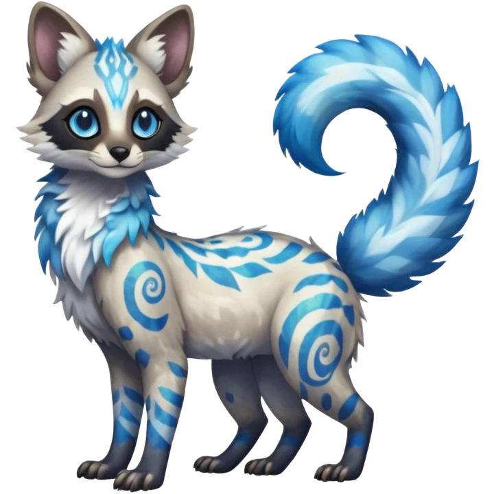 Rare iridescent white exotic epic aesthetic colorful Trico-Genet-species-Fakemon-hybrid-creature, with intricate tattoo markings, full body emoji