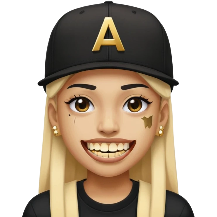 Give this person gold teeth. Give this person a black snapback with a white letter A. Give this person a scar on her face. emoji