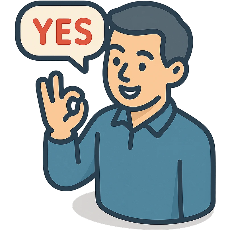 мужчина говорит - yes, и делает жест рукой в знак согласия emoji