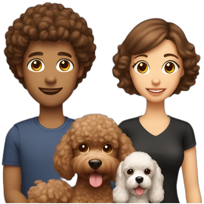 A family consisting of 1 man with light brown hair, 1 woman with dark brown hair and a toy poodle with brown hair emoji