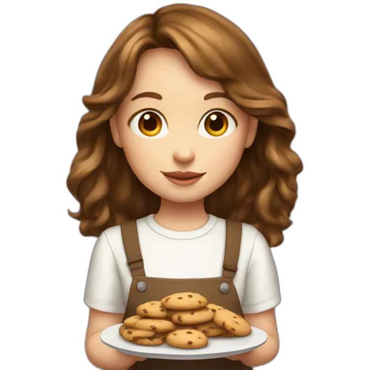 Young girl with brown hair and curtain bangs holding a plate of cookies white shirt emoji