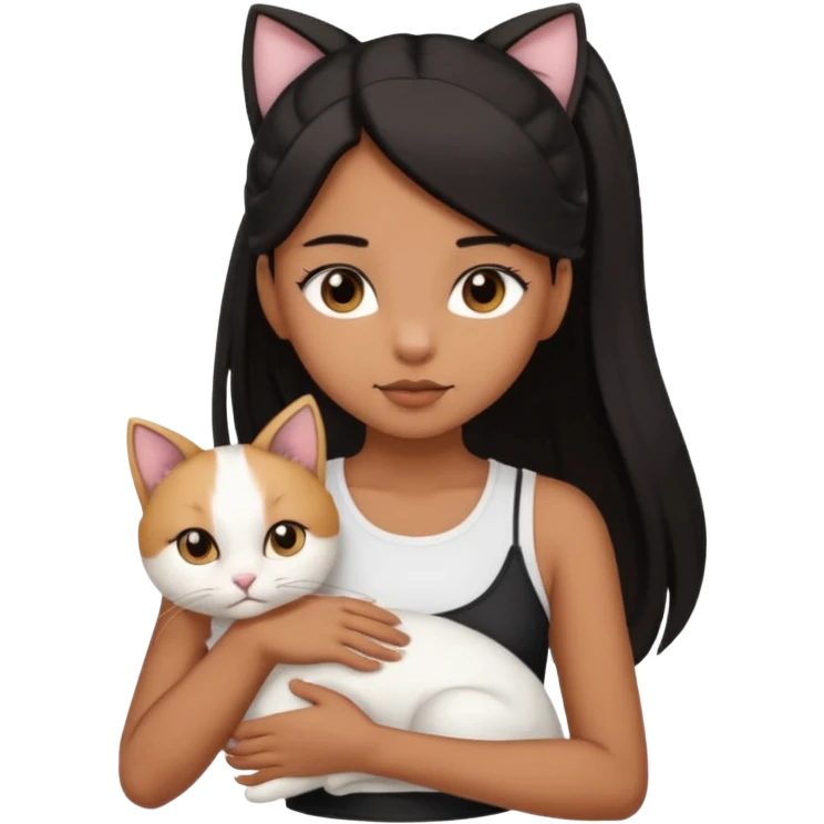 An brown skin Teenager girl with brown eyes, long black hair in a high ponytail, with a white crop top holding her white cat which has folded ears  emoji
