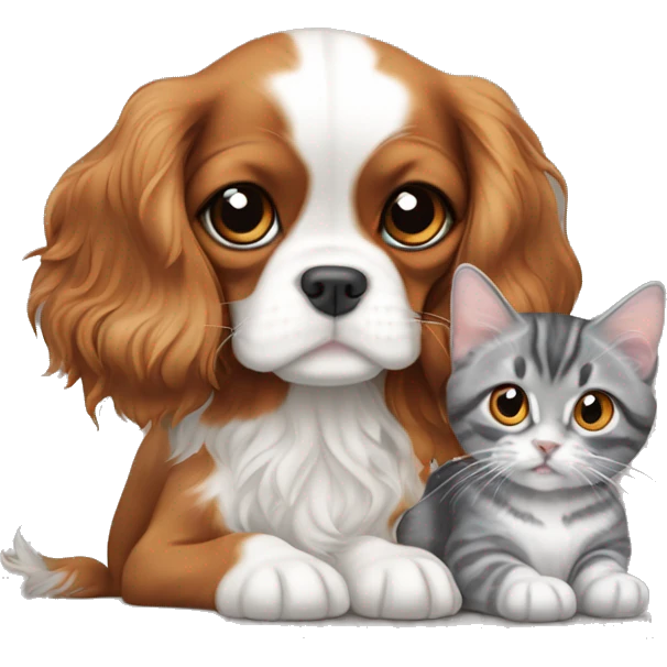 Cavalier King Charles Spaniel puppy sits next to a British gray tabby cat emoji