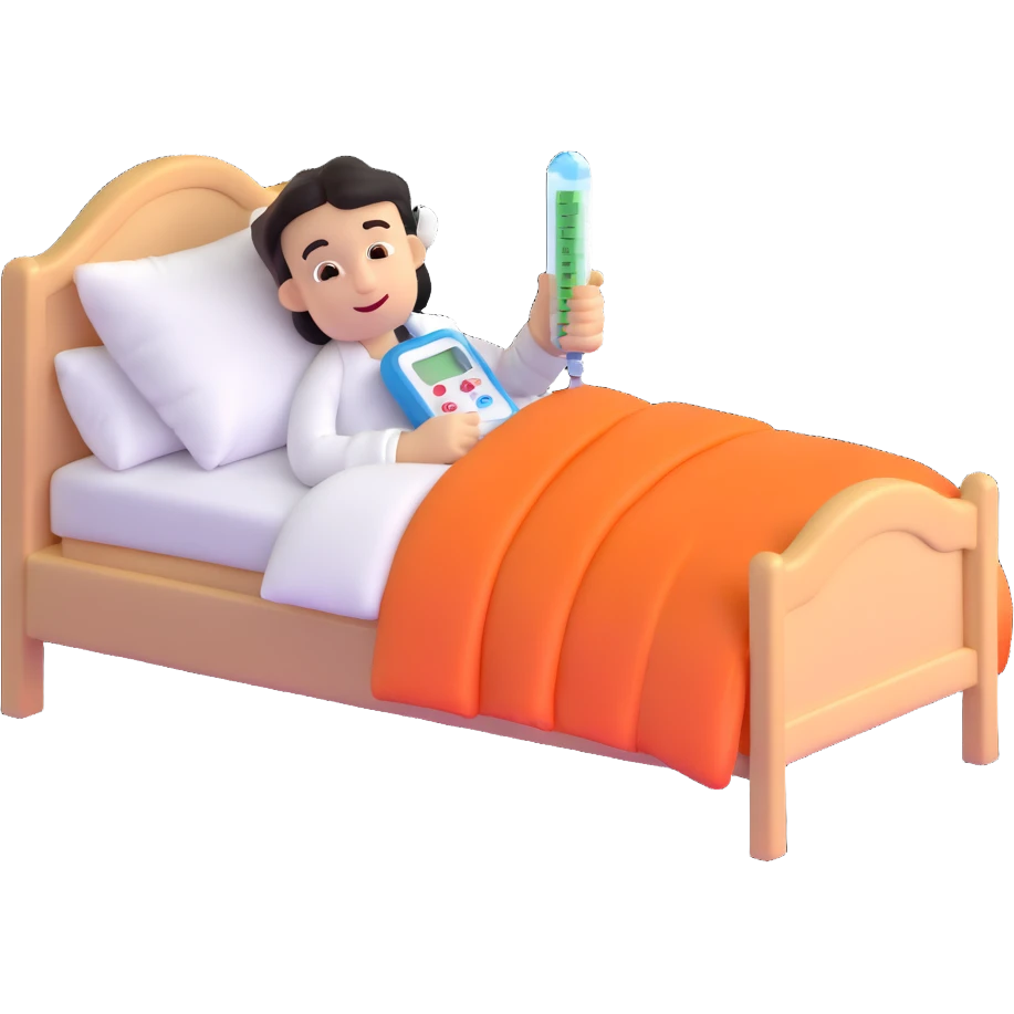character in bed with thermometer and medicine emoji