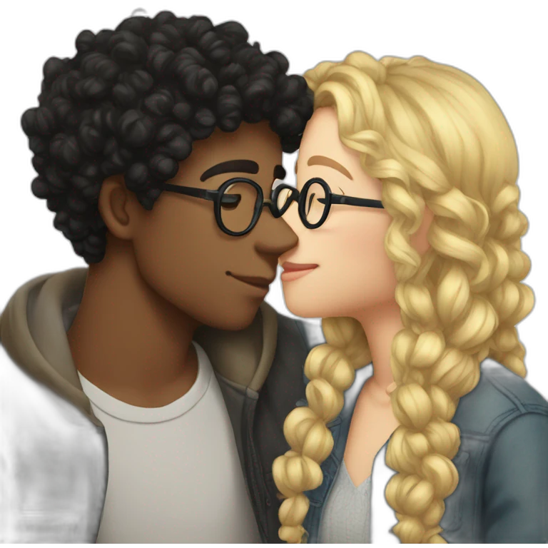 Boy curly blonde hair glasses kissing girl black hair emoji