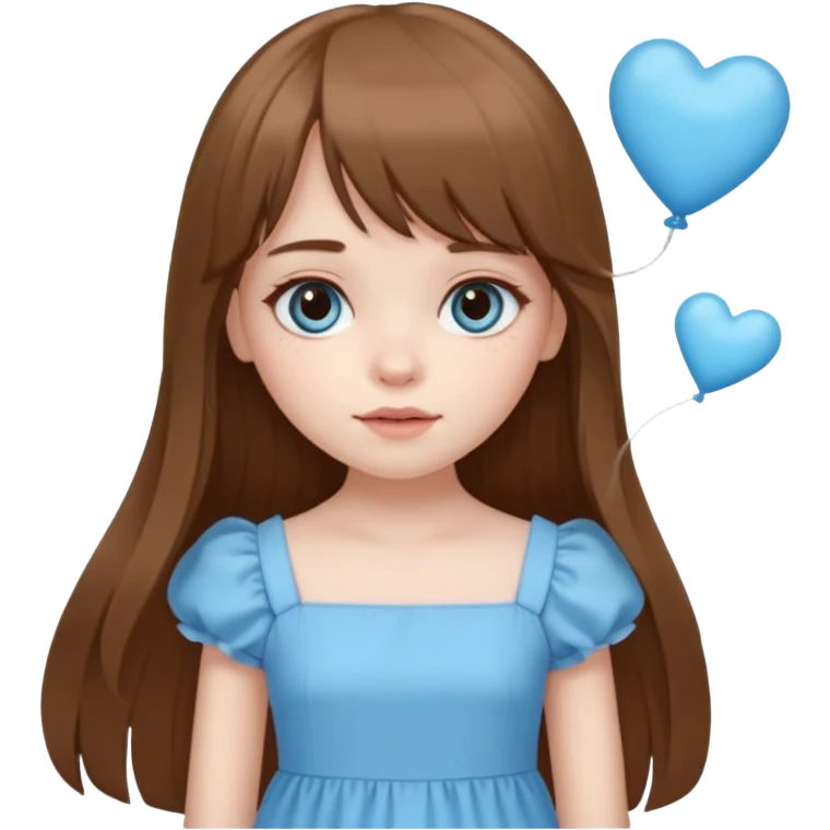 A pale girl with very long brown hair with bangs and a layer longer than that, wearing a cute sky blue dress and cute doll makeup.  emoji