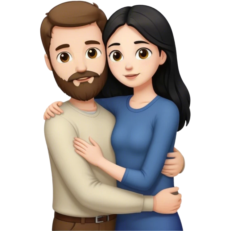 Tall white man with brown hair and beard hugging an short pale woman with long black hair, standing emoji