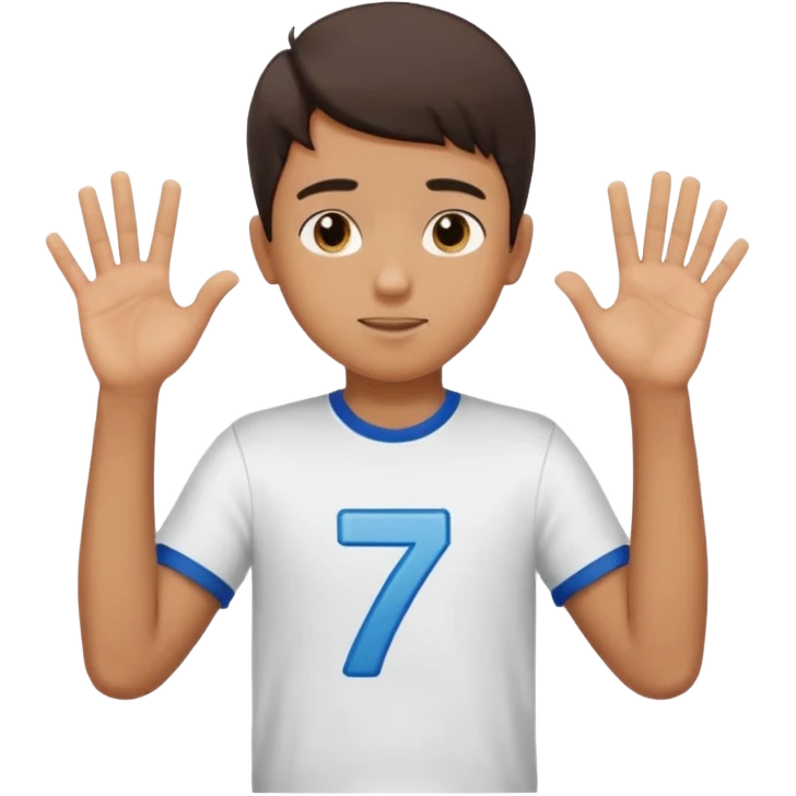 Boy doing 67 with hands in the air up to his chest and he is holding 6 in one hand and seven in the other emoji
