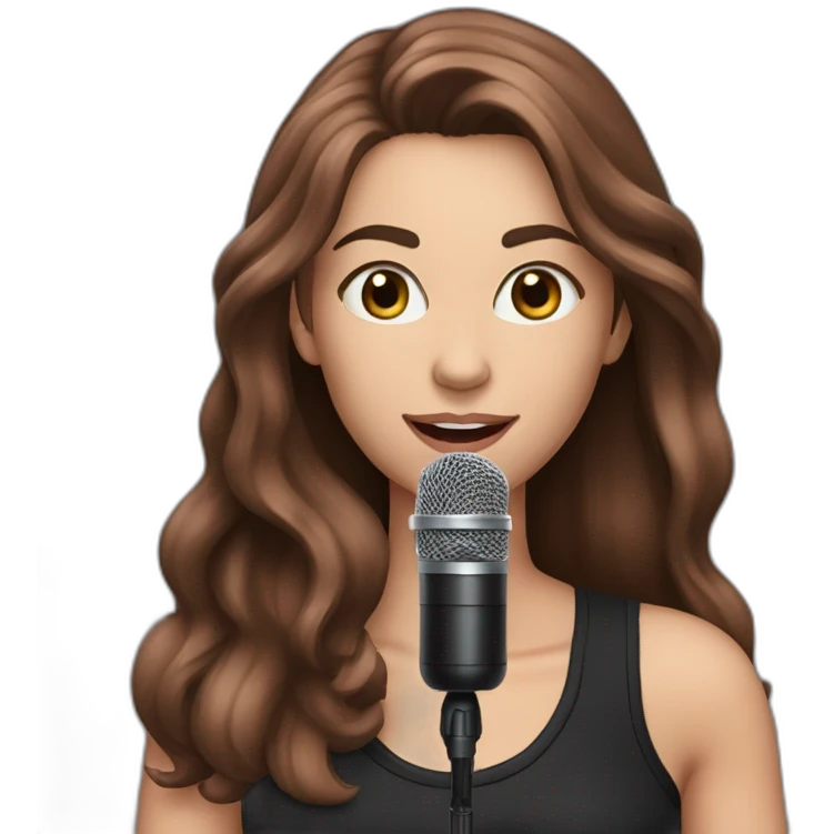 Caucasian woman with long brown hair and pink highlights, with a microphone singing, wearing a black t-shirt emoji
