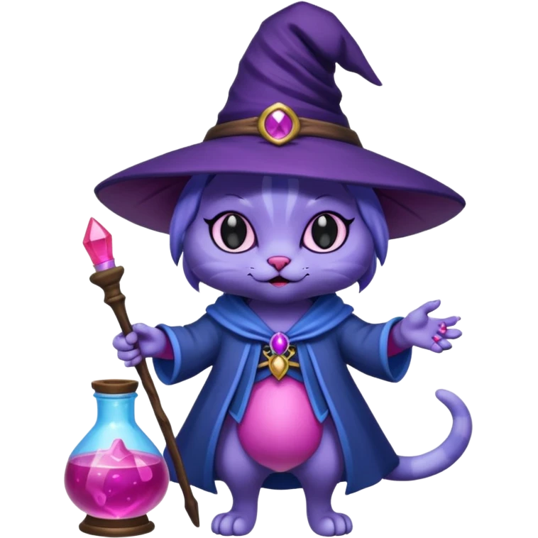 Purple witch cat full body with pink potion and blue potion  emoji