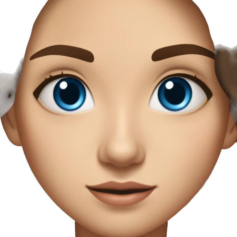 19 year old girl with dark brown auburn hair and slightly bushy eyebrows with blue eyes, short eyelashes and gold earrings wearing a top that says “milana” on emoji