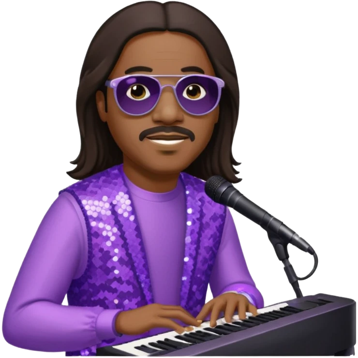 Stevie Wonder with long dark brown hair, lilac sequin outfit  emoji