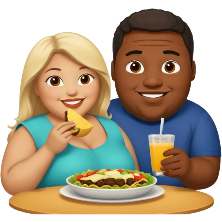 Fat Mexican woman and fat light skinned black guy eating together emoji