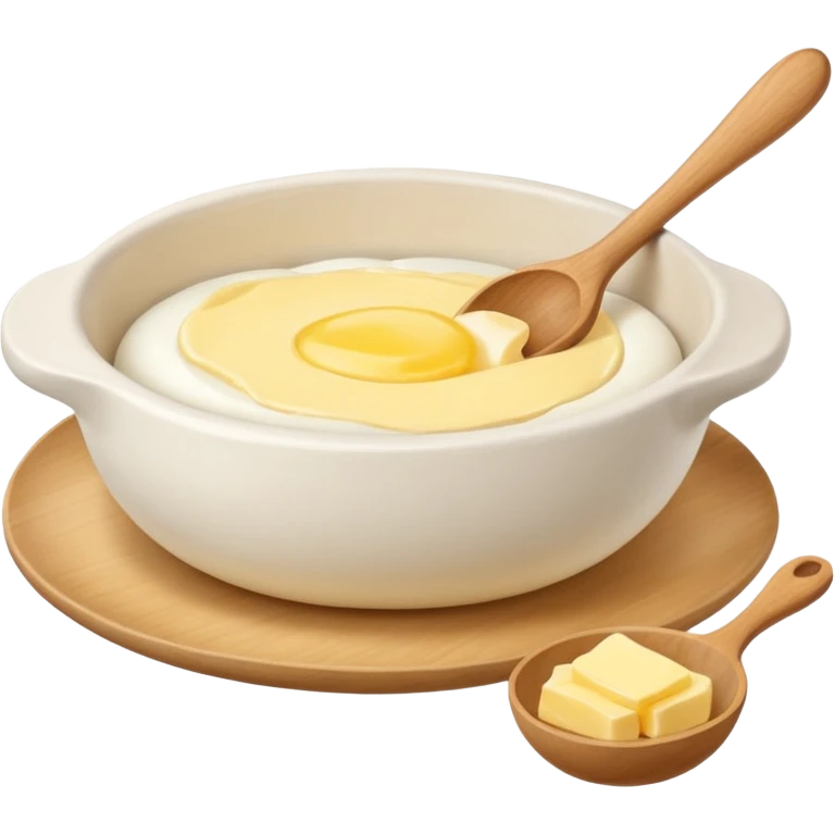 a dozen eggs, a ceramic mixing bowl with a wooden spoon and a plate of butter emoji