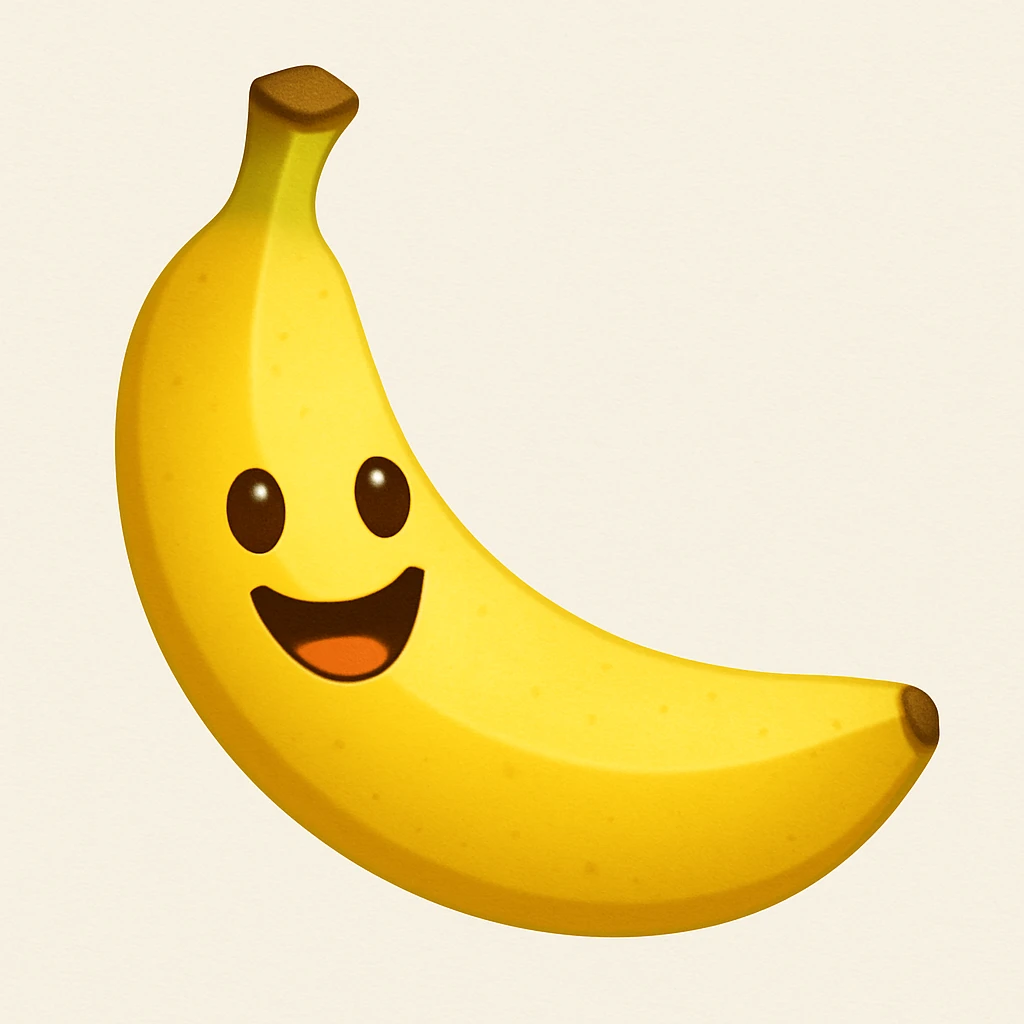 Adjust the proportions of the banana to look more natural and balanced while keeping the happy cartoon face. The style should remain consistent with the emoji style as in the reference image. emoji