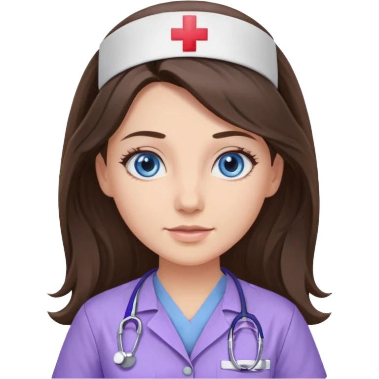 pretty brunette nurse with long hair and blue eyes in lilac scrubs emoji